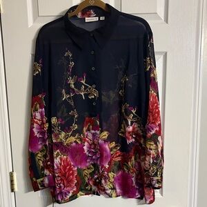 Susan Graver Women's Floral Blouse - Navy and Pink
